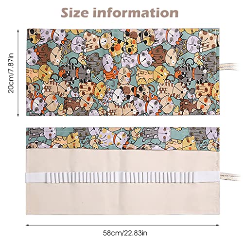 HASTHIP Canvas Pencil Wrap Case, Pencil Roll Wrap, Pencil Holder with 48 Slots, Colored Cartoon Prints Roll Up Pencil Pouch Gift for Students Sketching Drawing Writing Storage (Without Pencil)
