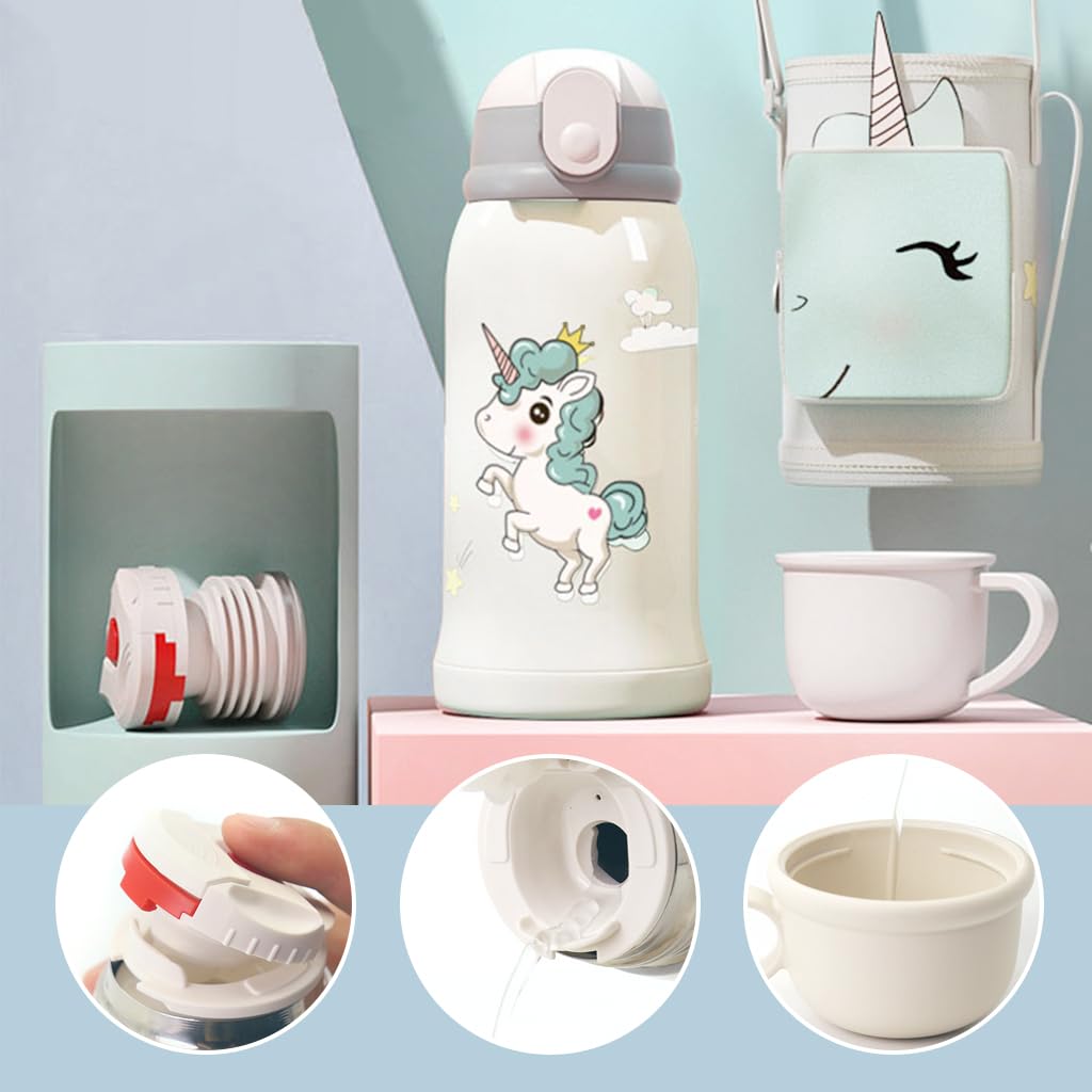 SNOWIE SOFT 550ml Cute Water Bottle for Kids, Unicorn School Water Bottle for Boys, Double-Layer Stainless Steel Water Bottle with Straw, Hot Cold Water Bottle with 3 Cup Lid, 1 Cup Sleeve, 1 Brush