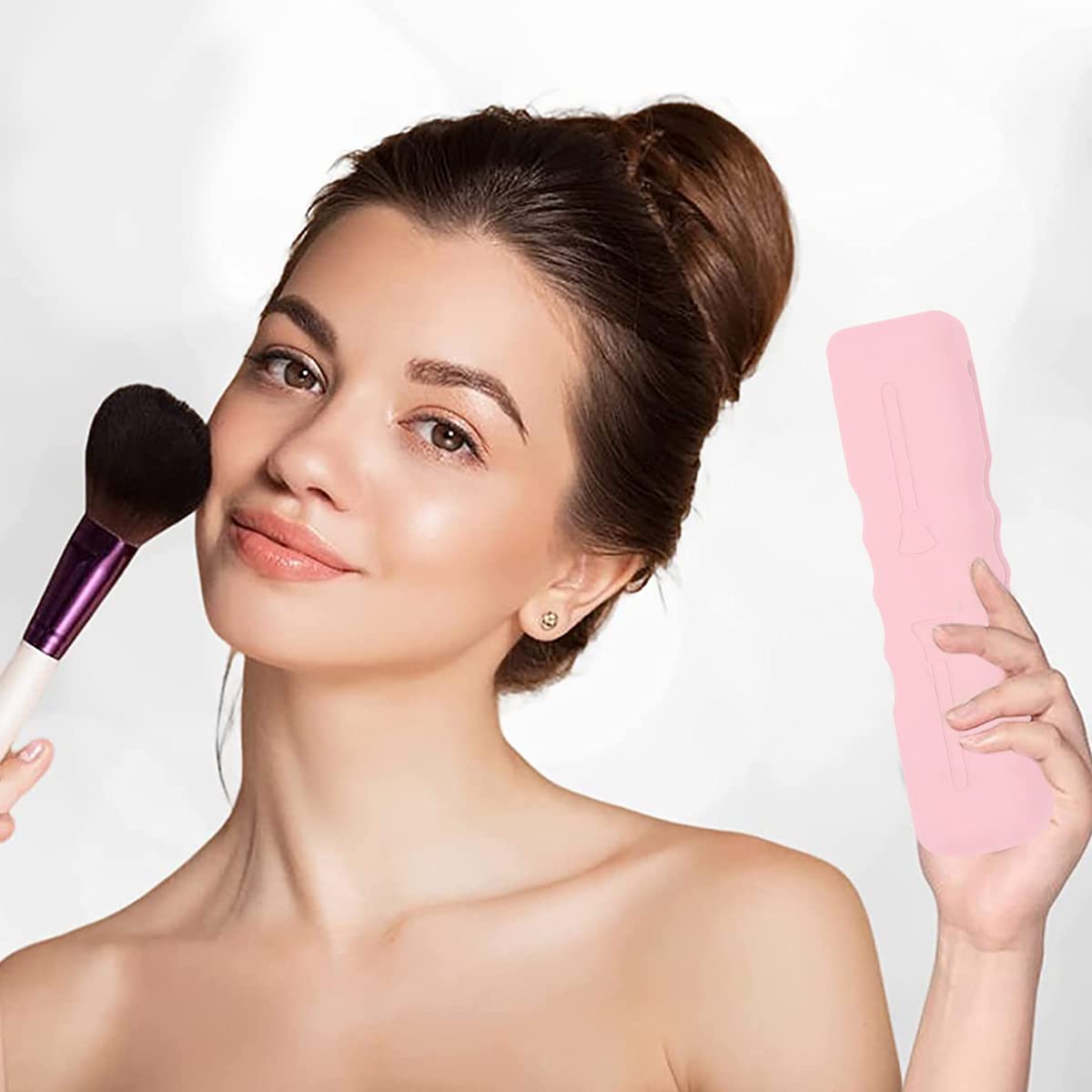 MAYCREATE Makeup Brush Holder Travel Silicone Cosmetic Face Brushes Holder, Portable Soft and Sleek Makeup Brush Organizer Pouch Tools (Pink B)