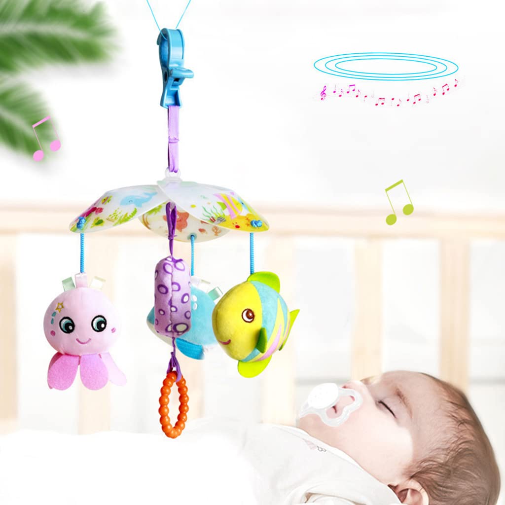 PATPAT Hanging Toys for Babies 0-6 Months, New Born Baby Toys Rattle Crinkle Soft Toys Car Seat Plush Stroller Toy with Teethers Plush Animal C-Clip Ring for Infant Babies 3 6 9 to 12 Months - Ocean