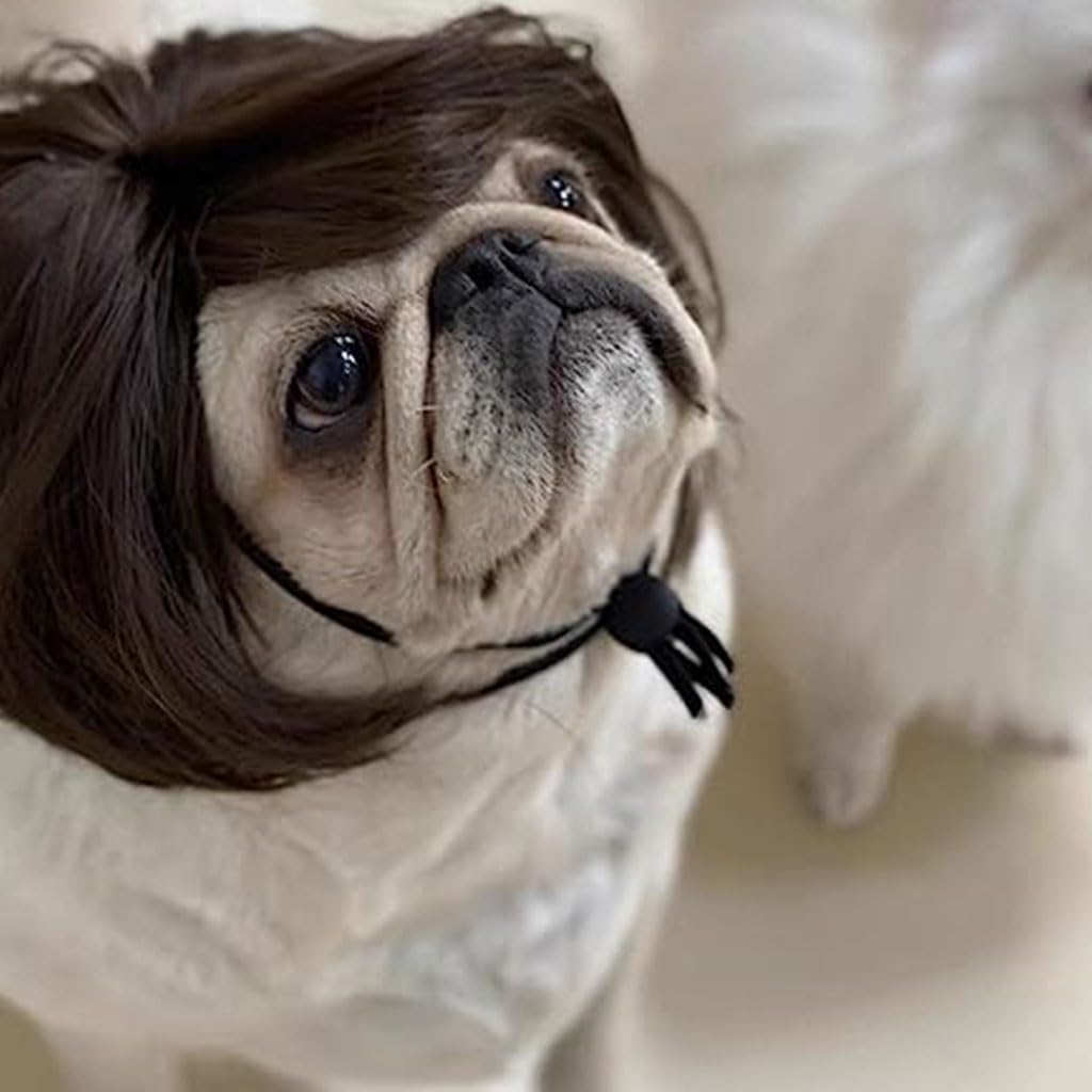 Qpets Funny Dog Wig with Adjustable Chin Strap Pet Funny Wig for Halloween, Festival, Party Straight Brown Hairpiece for Dog Party Dress Up for Dog
