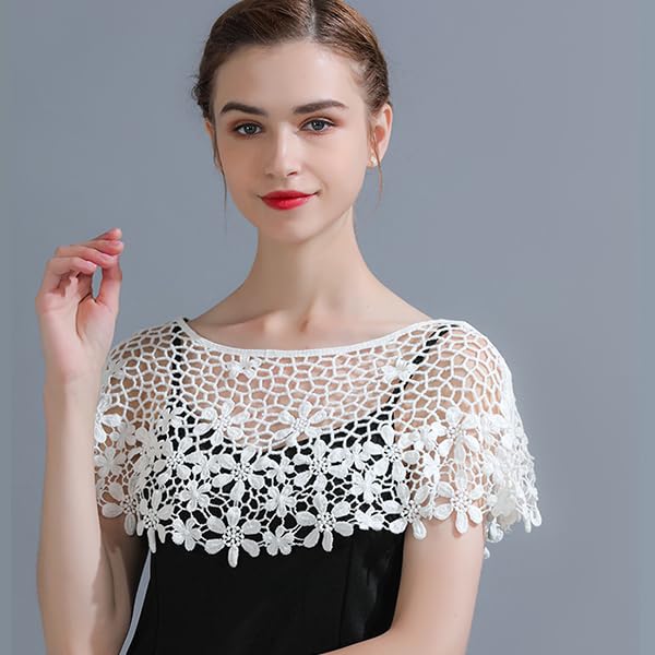 SANNIDHI® Lace Shrugs for Women Stylish Cape Poncho, Top, Floral Pattern Loose Knit Cover Up Wraps, Hollow Out Capelets for Evening Dress, Strapless, Off-shoulder, Beachwear 3 PCS