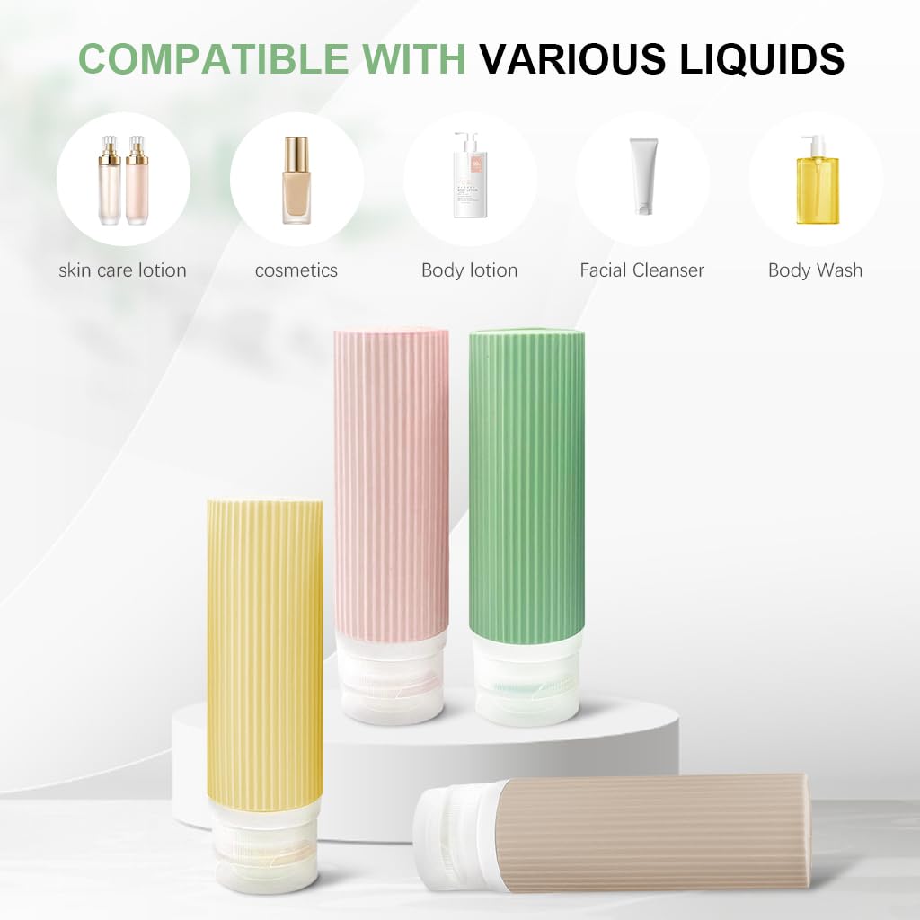 MAYCREATE 4Pcs 3oz Travel Bottles for Toiletries, Silicone Travel Bottle Kit for Toiletries, Squeeze Small Bottles for Travel, Refillable Leakproof Bottles for Shampoo Lotion, with Storage Pouch