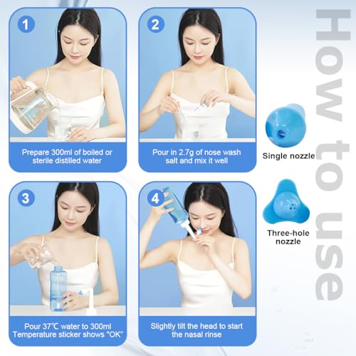 HANNEA® Neti Pots for Sinus Rinse Bottle Nasal Wash Irrigation Jal Pot with 2 Nozzles 40 Salt Sticker Thermometer Nose Cleaner Washing for Adult Kid Travel Essentials 300ML 3PCS