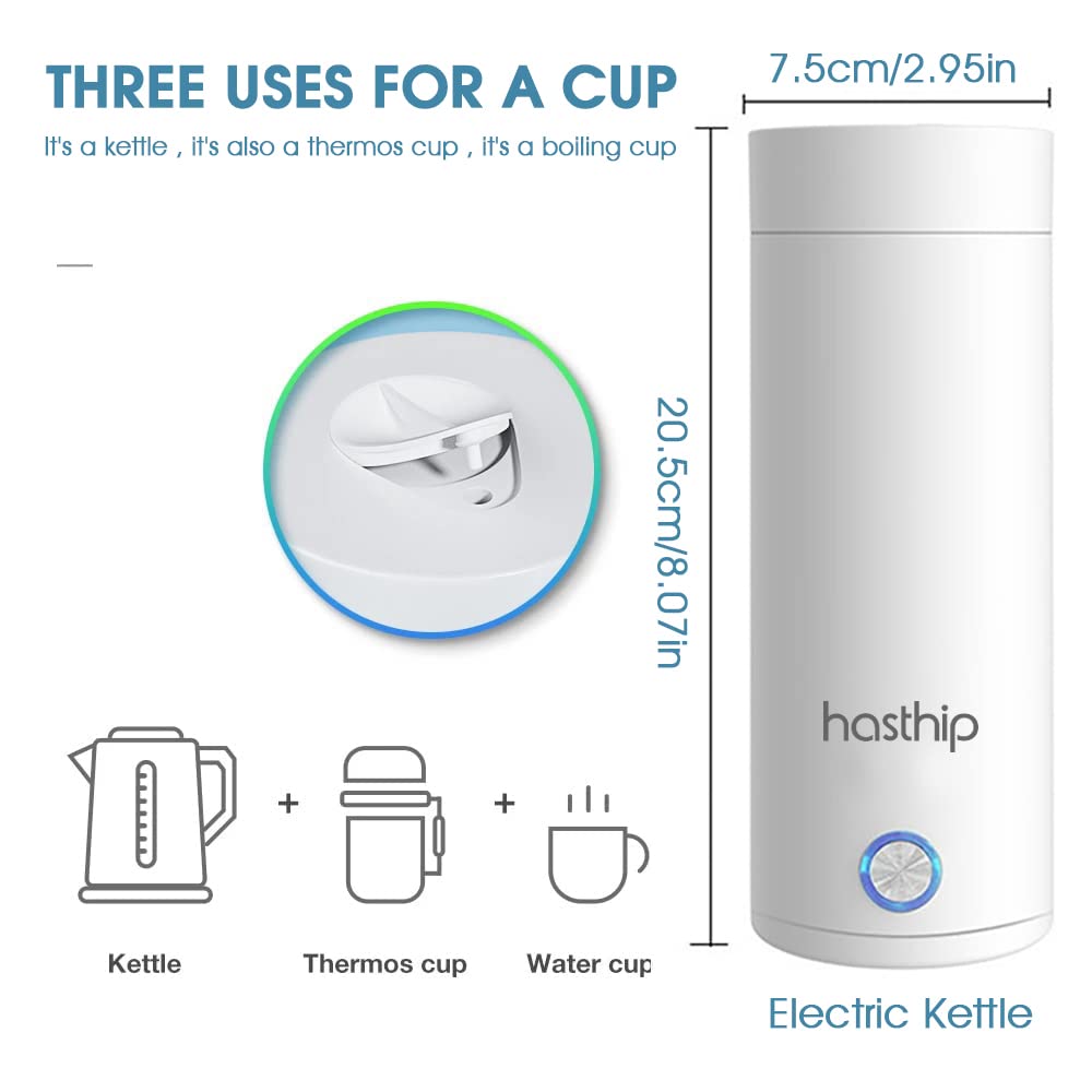 HASTHIP Electric Kettle for Car 0.4 Litre Portable Electric Water Bottle for Hot Water Kettle 300W Electric Tea Kettle Mug Multipurpose Food Grade Fast Boil with Keep Warm & Auto Shut Off for Travel