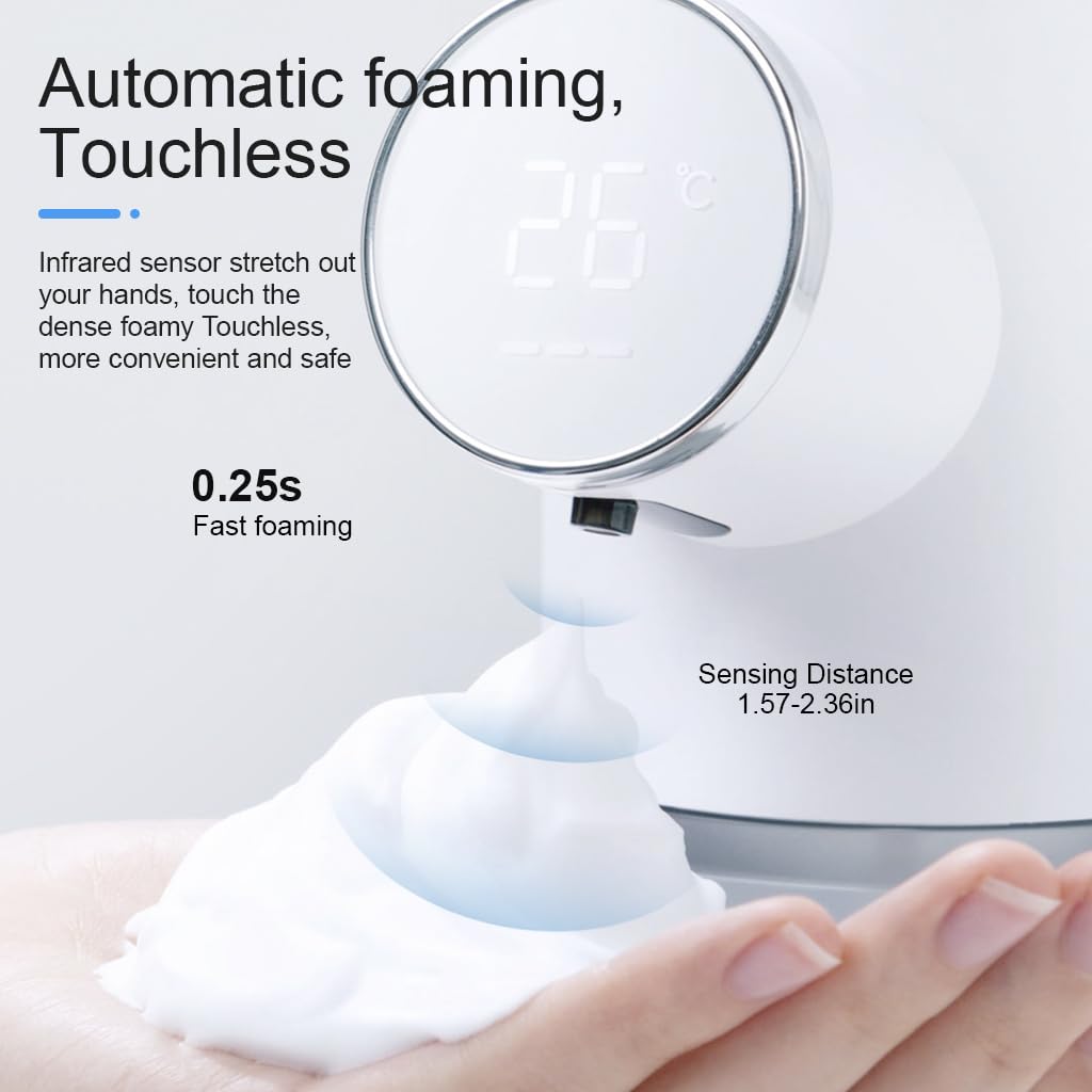 HANNEA Soap Dispenser for Bathroom, Automatic Foaming Handwash Dispenser, 320ml 1500mAh Rechargeable Touchless Waterproof Shampoo Hand Foam Wash Dispenser with 6 Adjustable Bubble Levels(White)