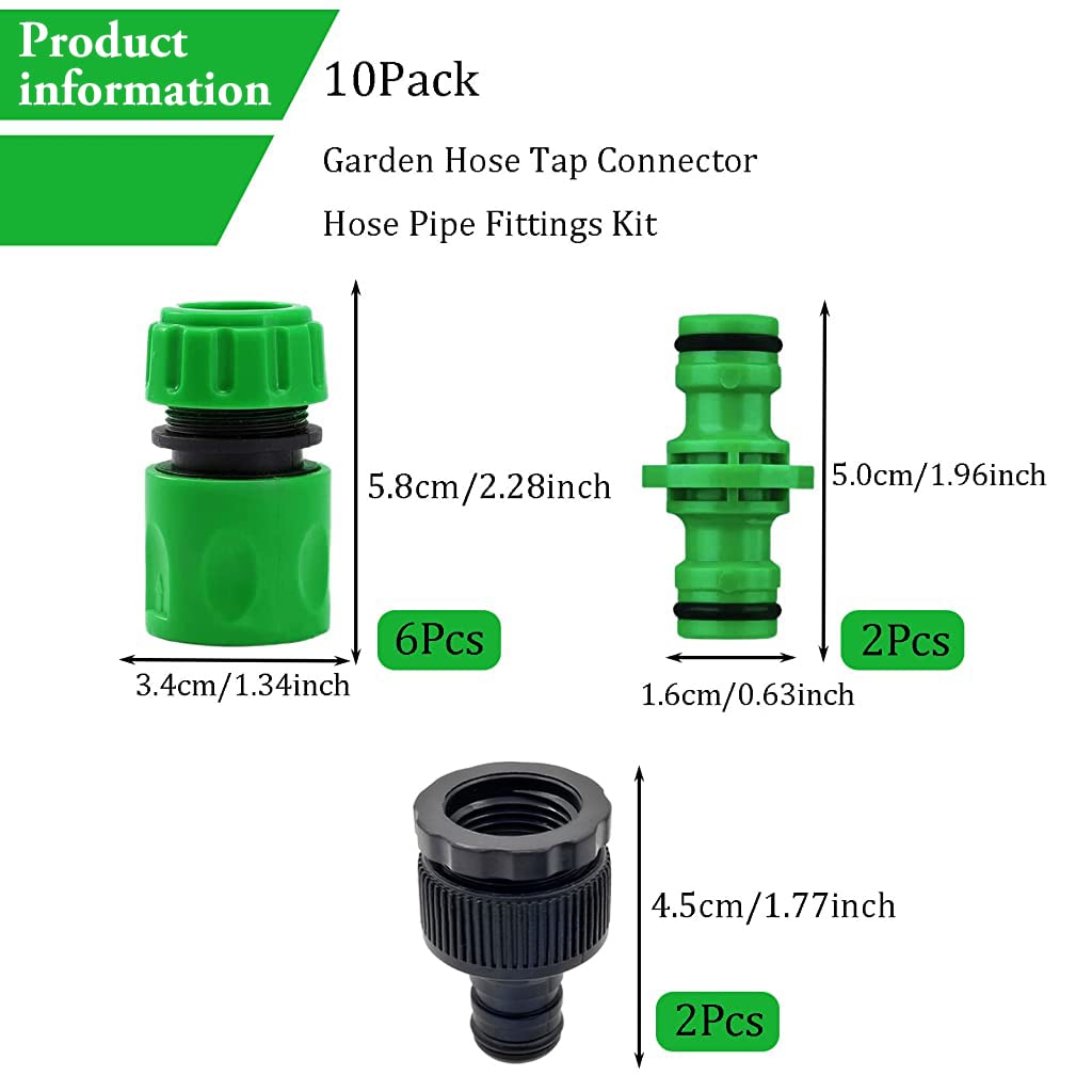 HASTHIP 10Pcs Hose Pipe Connector for Tap & Garden Hose, Universal Tap Connector with 2 Double Male Snap Connector & 6 Hose End Quick Connector & 2 Hose Tap Connector, Suit for 1/2in 3/4in