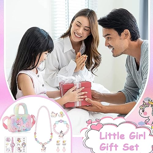 SANNIDHI® Unicorn Crossbody Bag with Jewelry Set for Girls Princess Plush Handbag Purse Beads Necklace Bracelet Earrings Rings Stickers Set 2PCS