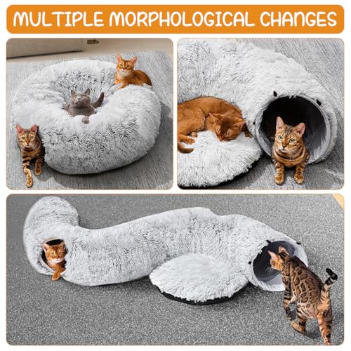 Qpets Pet Bed, Plush Cat Bed, Soft Winter Warm Cat Bed 2 in 1 Cat Sleeping Bed with Hideaway Playing Tunnel Washable Plush Cat Bed DIY Assembly Large Soft Plush Bed for Cat, 83x27cm