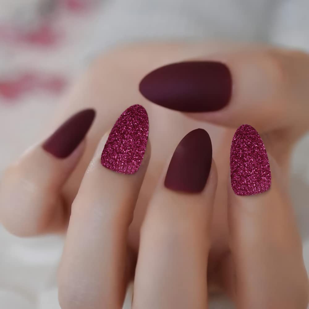 MAYCREATE Artificial Nails for Women, Matte Acrylic Full Cover, Double Sided Adhesive Tabs, False Ballerina Nails Extension with Nail Art, Rose Red, 24pcs