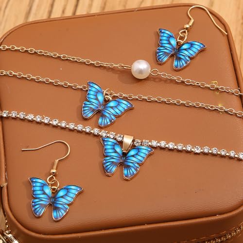 SANNIDHI® Italian Designer Platinum Plated Crystal Butterfly Earrings Chain Pendant Necklace Combo Jewellery Set for Women and Girls-Sapphire Blue