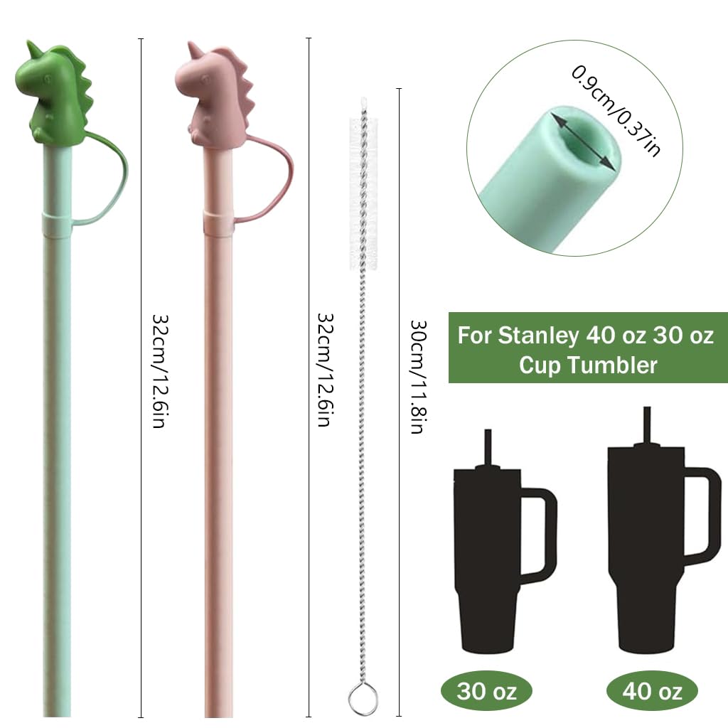 HASTHIP 2Pcs Kids Silicone Straws with Cartoon Dino Cap 12 inches Silicone Straws for Water Bottle, BPA -free Silicone Straws Toddlers Drinking Cartoon Silicone Straws, with Cleaning Brush