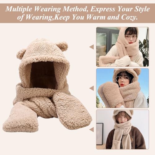PALAY Kawaii Winter Scarf Hat for Girls 3 In 1 Cute Bear Ear Warm Scoodie Scarf Hat Extended Long Scarf & Intergrated Gloves Fashion Winter Scarf Hat Gift for Girls
