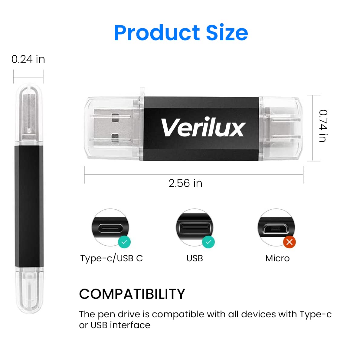 Verilux Pendrive 64GB Flash Drive 2 in 1 with USB A 3.0, USB C Interface OTG Pendrive Type C Pendrive Portable USB 3.0 Pendrive for MacBook Air/Pro, Android Mobile Phone, Pad, Laptop Computer