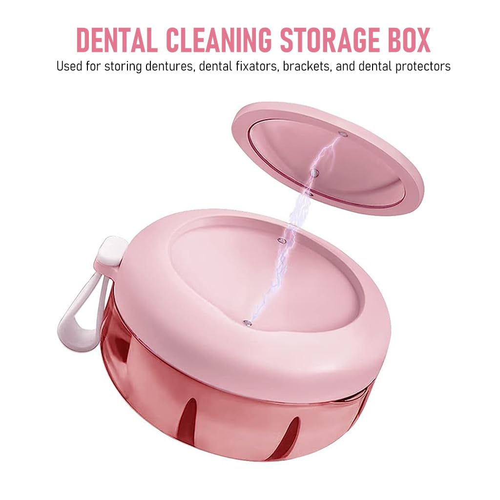 HANNEA Denture Case, Denture Bath Case Cup Box Holder, Leak Proof Portable Retainer Case, Denture Box with Strainer & Mirror for Travel, Denture Case for Aligner Retainer Mouth Guard, Pink
