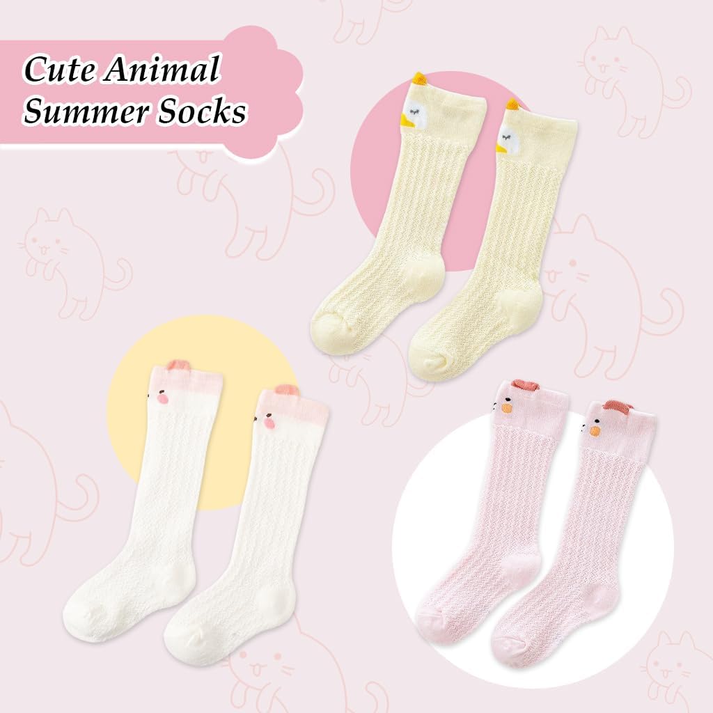 SNOWIE SOFT 3 Pairs Baby Girls Stocking Polyester Cotton Mesh Stocking Knee High Breathable Summer Stockings Cartoon Baby Stockings Gift for Baby Girls 1-3 Years Old, M