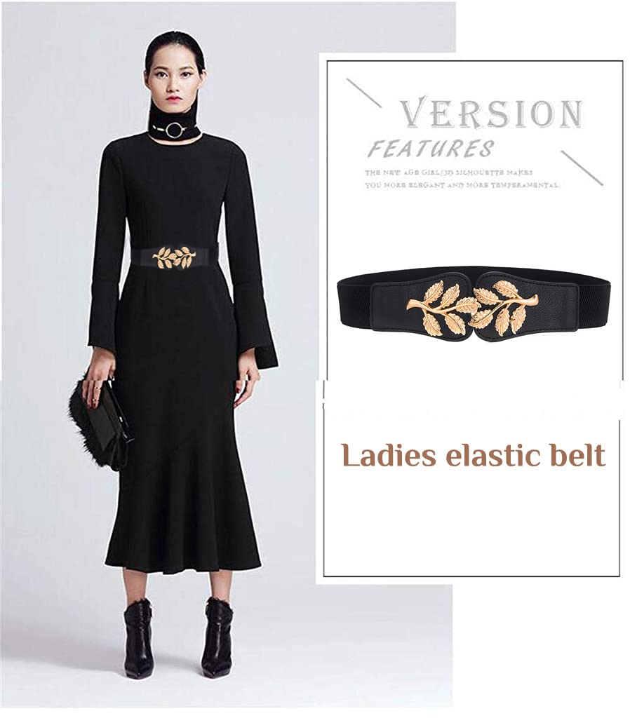 PALAY Fashion Elastic Skinny Belts for Women Girls,Golden Leaf Buckle for Dresses Coat Fashion Elastic Wide Waist -(66-90cm Waist)