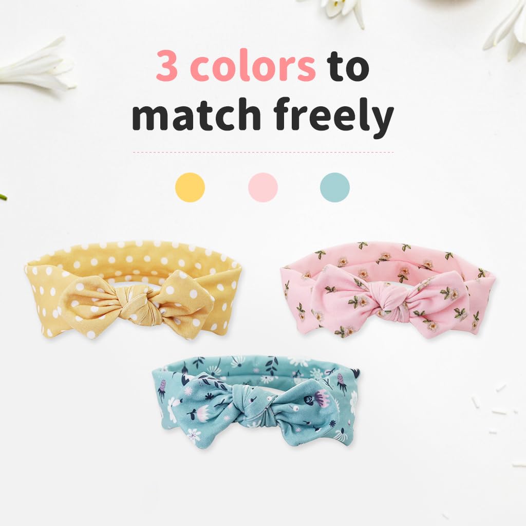 SNOWIE SOFT 3Pcs Headband for Baby Girl Stretchy Wide Floral Bow Hair Bands for Baby Girls Bow Headband Gift Set Baby Hair Band Shower Gift for Baby Hair Accessories for Baby Girl