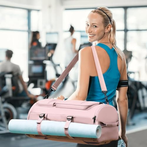 GUSTAVE® 40L Gym Bag for Women, 2-in-1 Fashion Nylon Travel Duffel & Backpack, Multipurpose Yoga & Sports Fitness Bag with Shoe Compartment, Waterproof Pouch, Convertible Crossbody for Travel, Pink