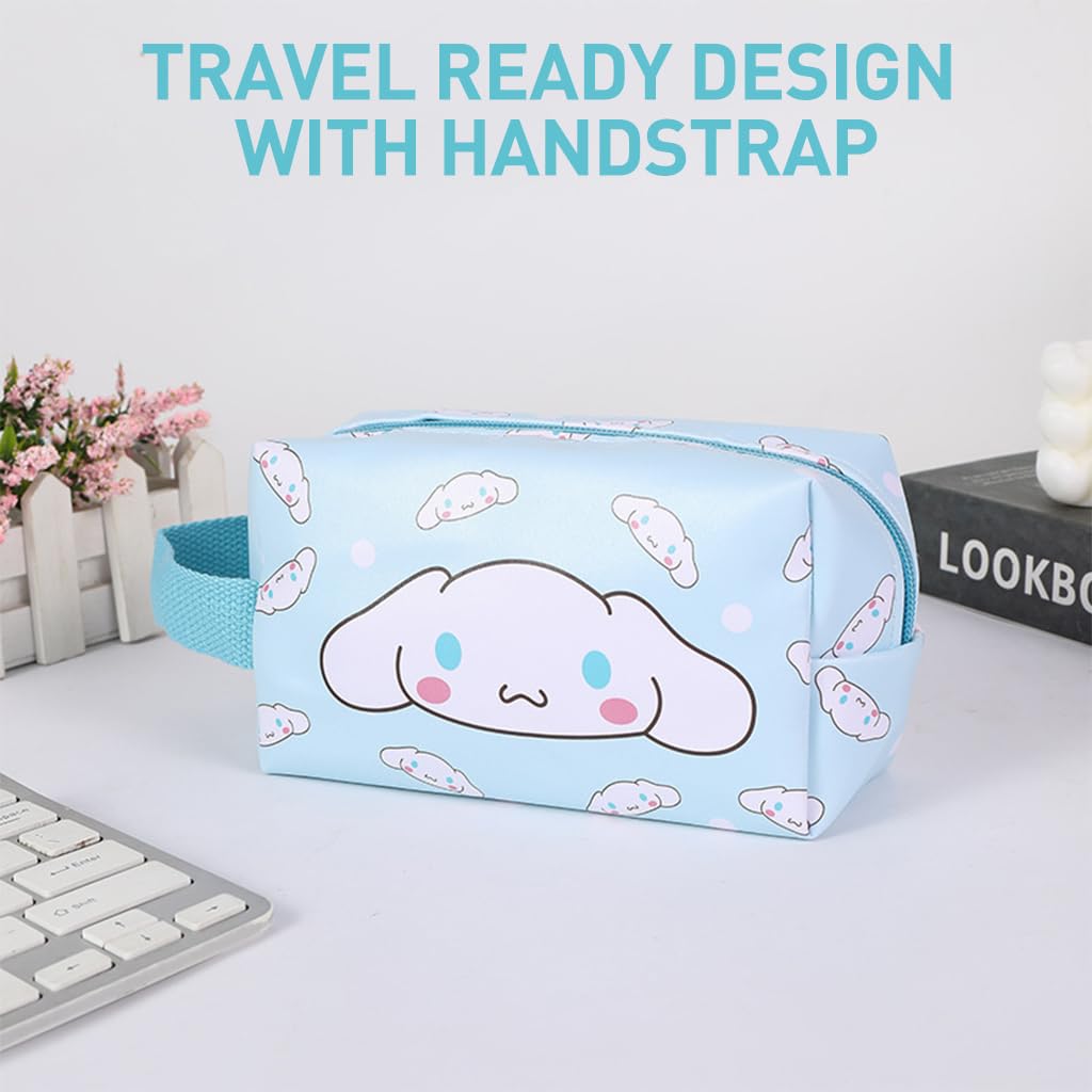 MAYCREATE Small Makeup Pouch, Kawaii Makeup Bag, Cartoon Cosmetic Bags for Women Girls, PU Leather Cosmetic Pouch, Cute Cinnamoroll Travel Toiletry Bag Office School Stationeries Pouch with Handstrap
