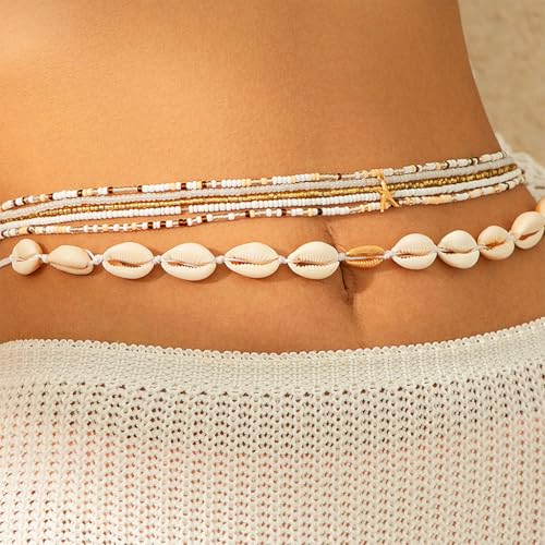 SANNIDHI® 12PCS Boho Waist Chains Seashell Charm Beaded Layered Belly Chain Wear Beach Fashion Jewelry Kamarband Dance