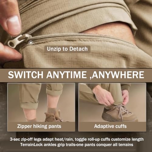 Proberos® Mens Trekking Pants Modular Zip-Off Convertible Hiking Trousers Quick Dry Multi-Pocket Lightweight Outdoor Adventure Wear Easy Travel Trail Fashionable Khaki Size L 2PCS
