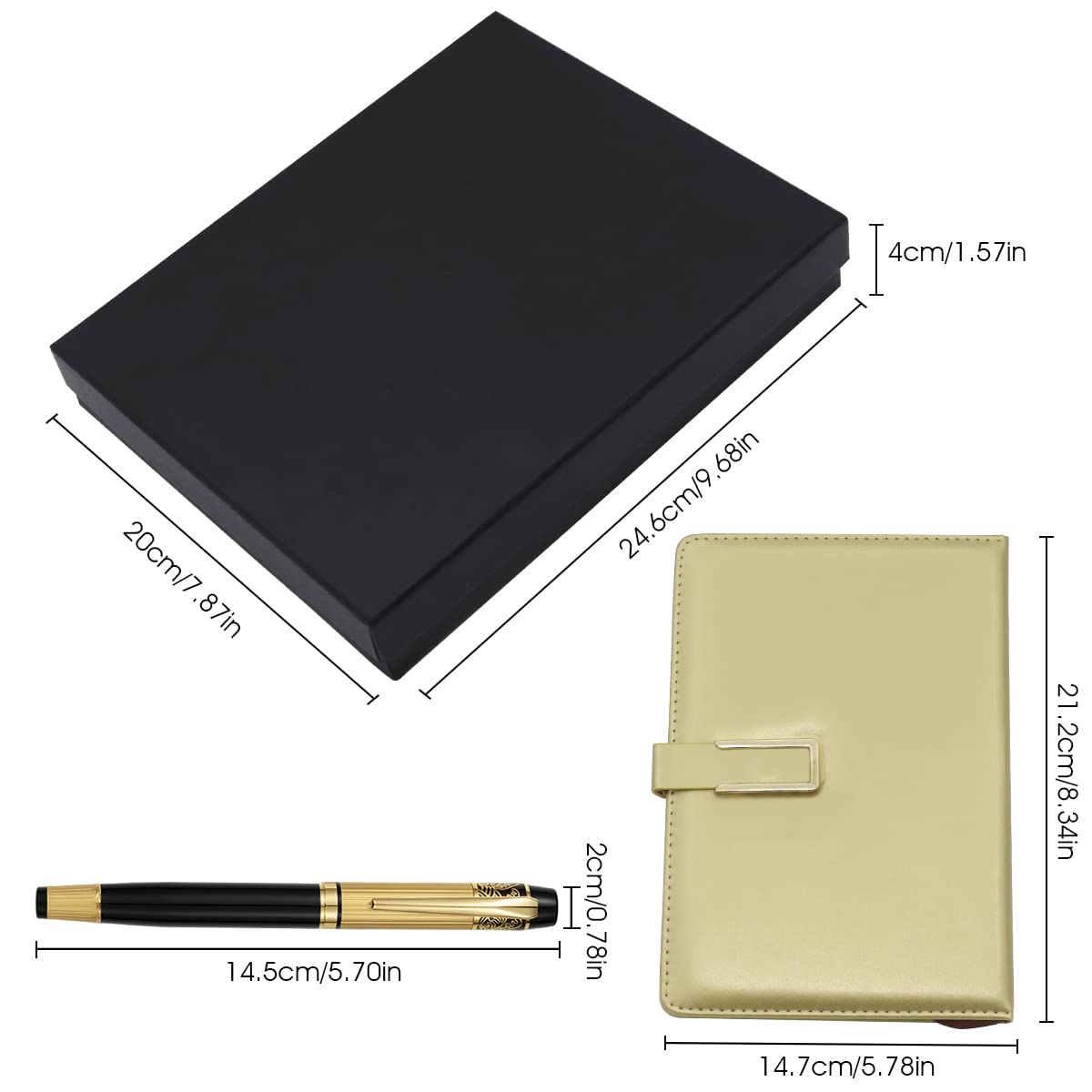 HASTHIP Gold Fountain Pen + Golden Notebook Gift Box Packing for School Office Writing Stationery, Metal Body Executive Pen for Husband Perfect Gifts Box Set