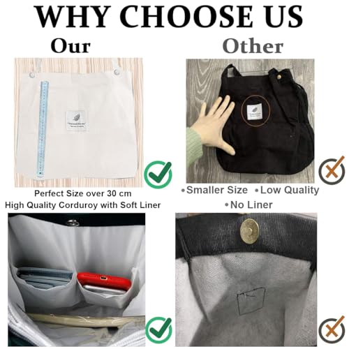PALAY® Hand Bags Corduroy Tote Bags for Women Large Capacity Shoulder Bag with Inner Pocket for School Work Shopping Travel Daily Use Grocery Casual 2 PCS