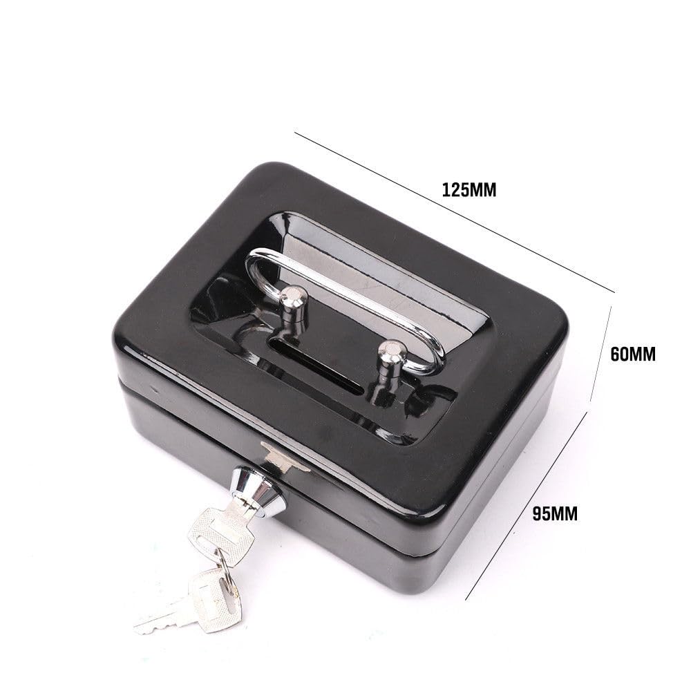 ZIBUYU Cash Box with Lock Portable Coin Box with Keys Money Storage Case Piggy Bank with 6 Compartments, Portable Metal Cash Box with Lock Small Locker Box for Money (4.92 x 3.74 x 2.36 Inch) - Black