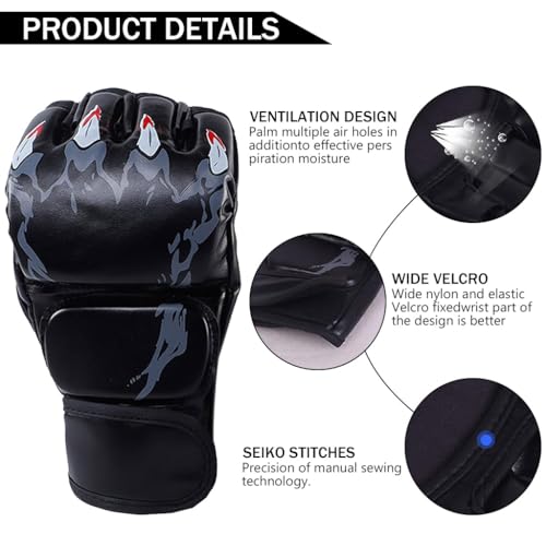 Proberos® Boxing Gloves Black Print MMA with Adjustable Wristband, Breathable Fingerless for Muay Thai and Sparring Sessions, Punching (23 * 12cm) 3 PCS