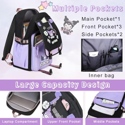 PALAY Kawaii Kuromi School Backpack School Girls Backpack 17'' Large Capacity Bookbag Girls Backpack for School, Travel, Camping, Children's Day Gift for Girls School Gift for Kids 6-12 Years Old