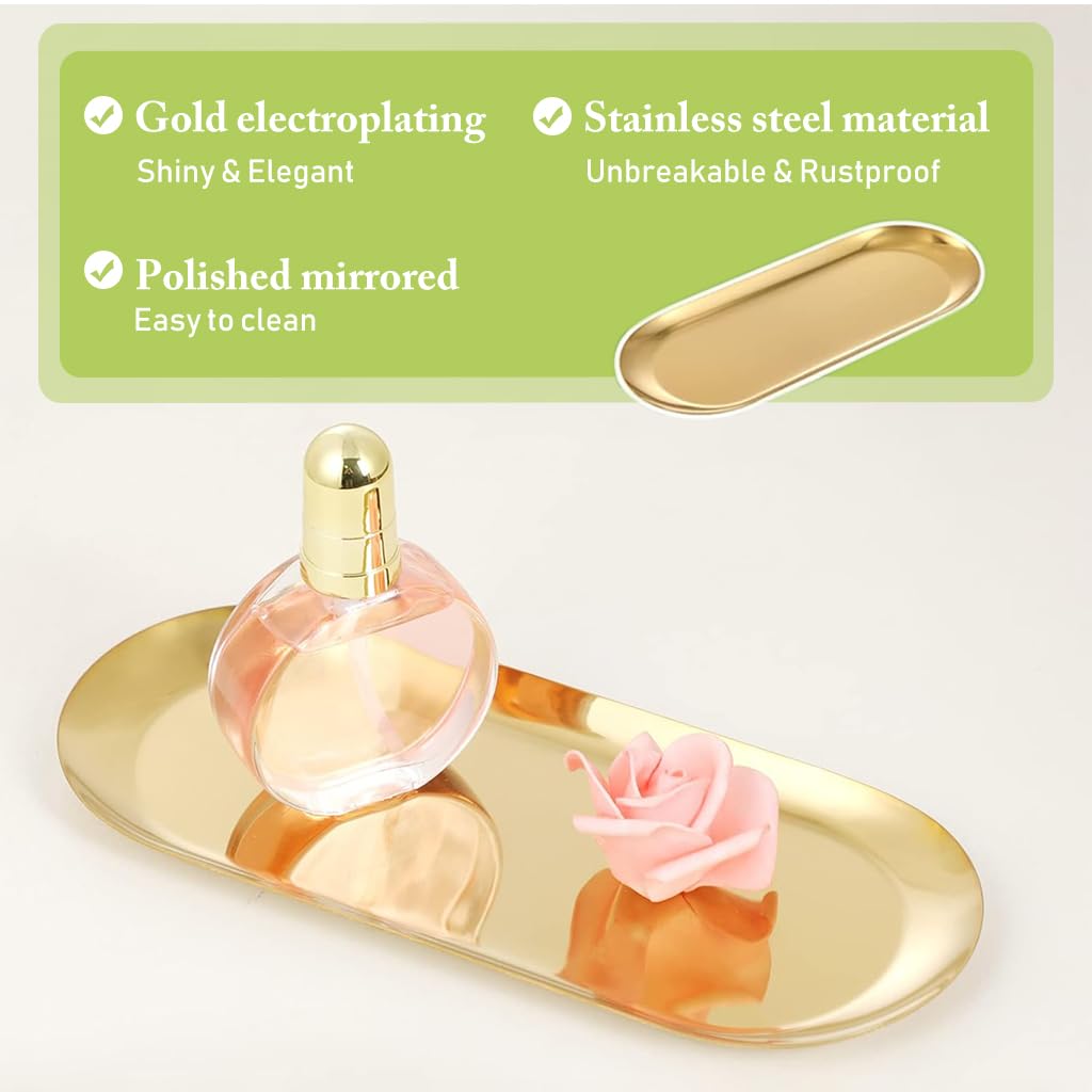 HASTHIP 2Pcs Golden Trays Stainless Steels Jewelry Organizer Trays Dressing Table Organizer Trays Bathroom Vanity Trays Multi Purpose Organizer Trays Kitchen Food Trays, 23x9cm