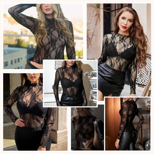 SANNIDHI® Sheer Lace Top Flattering Close Fit Polyester Floral Lace Top, XL