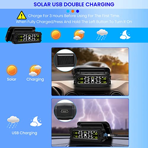STHIRA® TPMS Tyre Pressure Monitoring System with Alarm LCD Display Detachable Bracket 14-87Psi Wireless Data Transmission Adjustable Installation Angle with 4 External Sensors, Solar/USB Charging