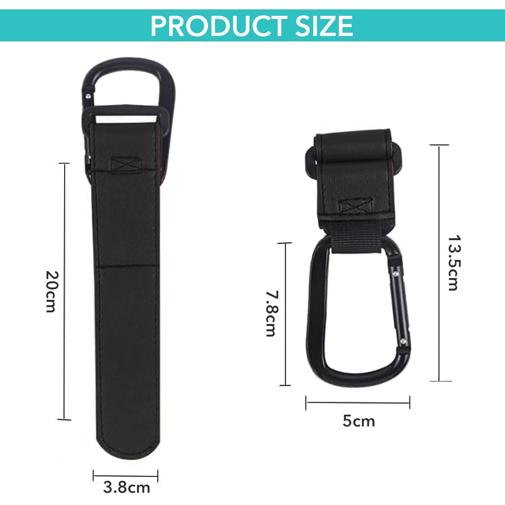 SNOWIE SOFT 2Pcs Hanging Hook for Pram Stroller Hanging Clip Adjustable PU Leather Pram Clip with Quick Release Carabiner Design Universal Attaching Buckle for Stroller, Bike, Pram, Pushchair