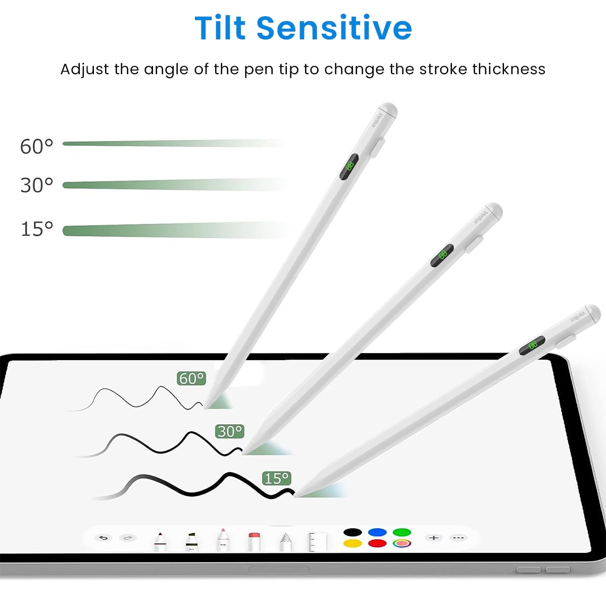 Verilux Stylus Pen for iPad 2018 and Later iPad Stylus Pen with LCD Power Display High Precision & Double Tap ON/Off for Apple Pencil Palm Rejection Smart Pen for Tablet with Tilt Sensitivity