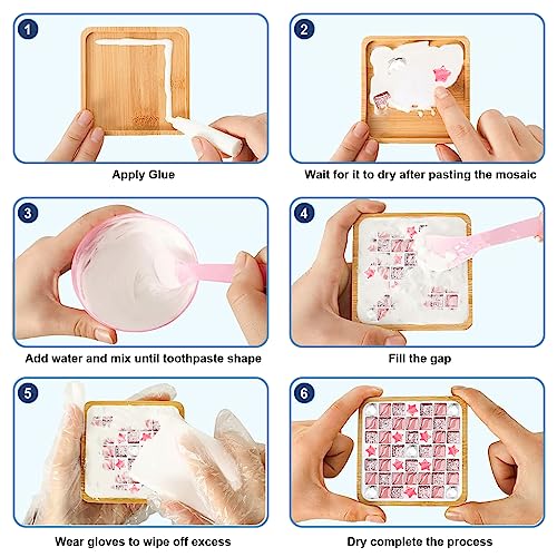 HASTHIP Glass Mosaic Tiles, Mosaic Kit with Wooden Coaster, Glitter Crystal Stained Mini Ceramic Tiles for Crafts, Mosaic Kits for Adults, DIY Coasters Kit, Pink