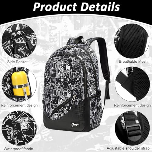GUSTAVE Travel Backpack 16'' Casual Backpack Nylon Backpack School Students Backpack Lightweight Fashion Graffiti Print Black Backpack Outdoor Travel Backpack Laptop Backpack