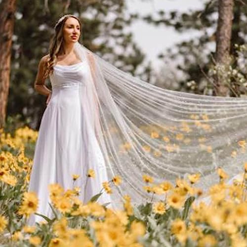 PALAY® Women's 2.3M Lace Veil For Bride Adorned With Pearls Cowl Pure White Wedding Hair Accessories Headwear 2PCS