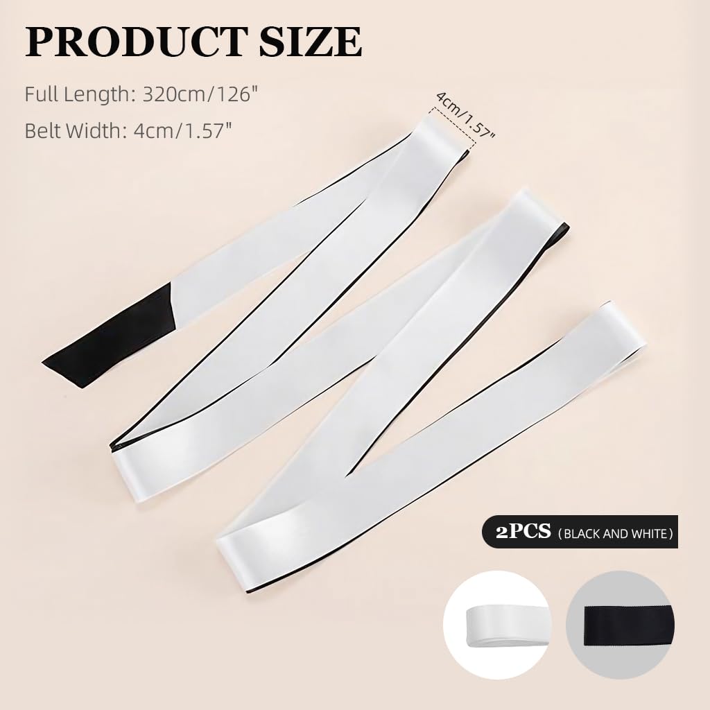 PALAY Chiffon Sash Belts Black and White Set of 2pcs Chiffon Sash Belts Luxury Silk-touch Waist Belt Dress Sash Belt for Dresses, Blouses, Evening Dress, 1.5 inches x 125 inches