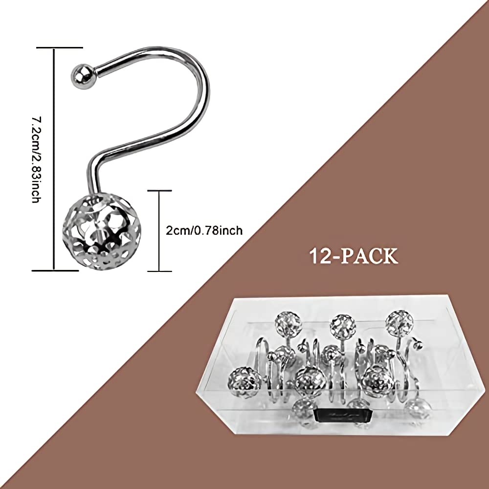 HASTHIP 12 Pack Silver Shower Curtain Hooks Rings, Metal Rustproof Shower Hangers Rings, Household Shower Curtain Hooks for Bathroom Curtains Rods Hollow Ball Design