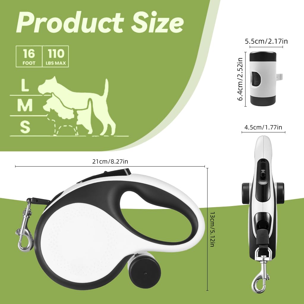ZIBUYU Retractable Dog Leash with Detachable Waste Bag 2 In 1 Auto Dog Belt One Button Lock & Release Strong Nylon Tape No Tangle for Small, Medium, Large Pet Accessories (Dogs Up to 50kg) 5m