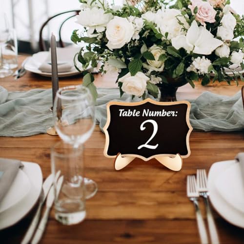 OFIFO® 10Pcs Small Chalkboard Sign with Wooden Stands, 2 Designs, Fancy Wooden Frame Writable Mini Chalkboard Displaying Boards with 10 Replacement Writing Stickers, 10x7.5cm