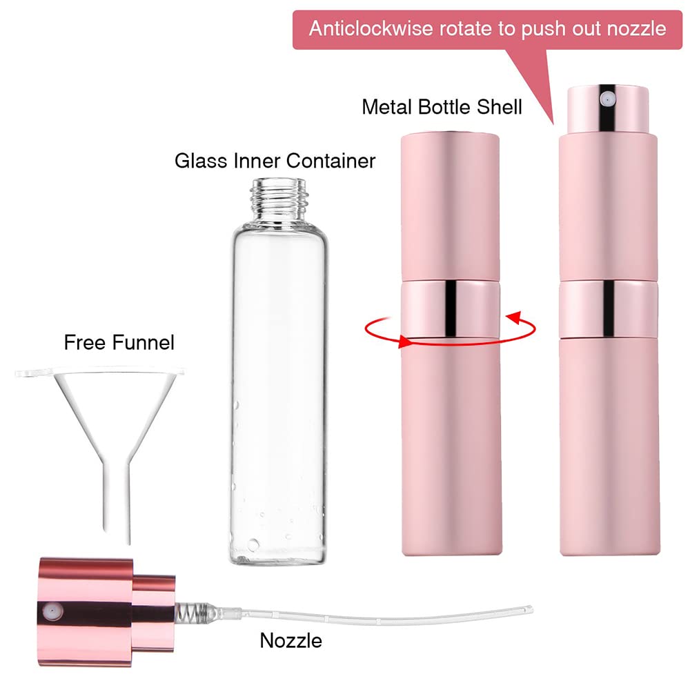 MAYCREATE 8ml Rotating Perfume Atomiser Spray Bottle -Portable Perfume Dispenser with Perfume Extractor Pump,Funnel,Dropper, Refillable Empty Spray Bottle for Perfume-Pink