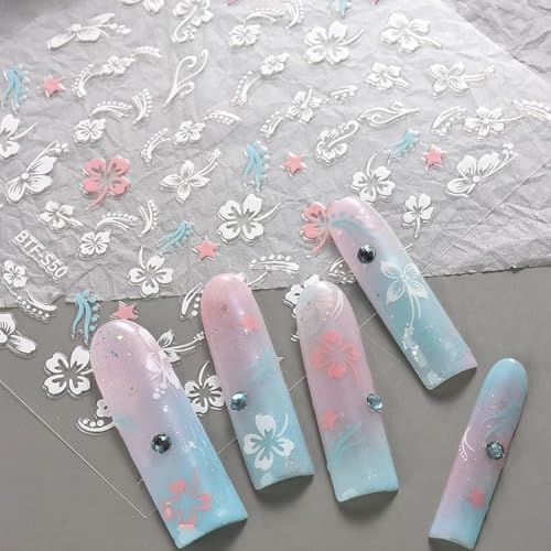 MAYCREATE 6Pcs Hibiscus Flower Nail Stickers, Nail Decals 3D Self-Adhesive Flower Pattern Summer Hibiscus Nail Design French Tip Nail Stickers Summer DIY Nail Decoration for Women