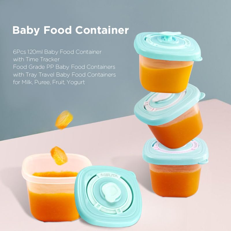 SNOWIE SOFT 6Pcs Baby Food Storage Container 120ml Freezer Storage Containers with Time Tracker Baby Food Storage Containers with Tray Travel Baby Food Containers for Milk, Puree, Fruit, Yogurt