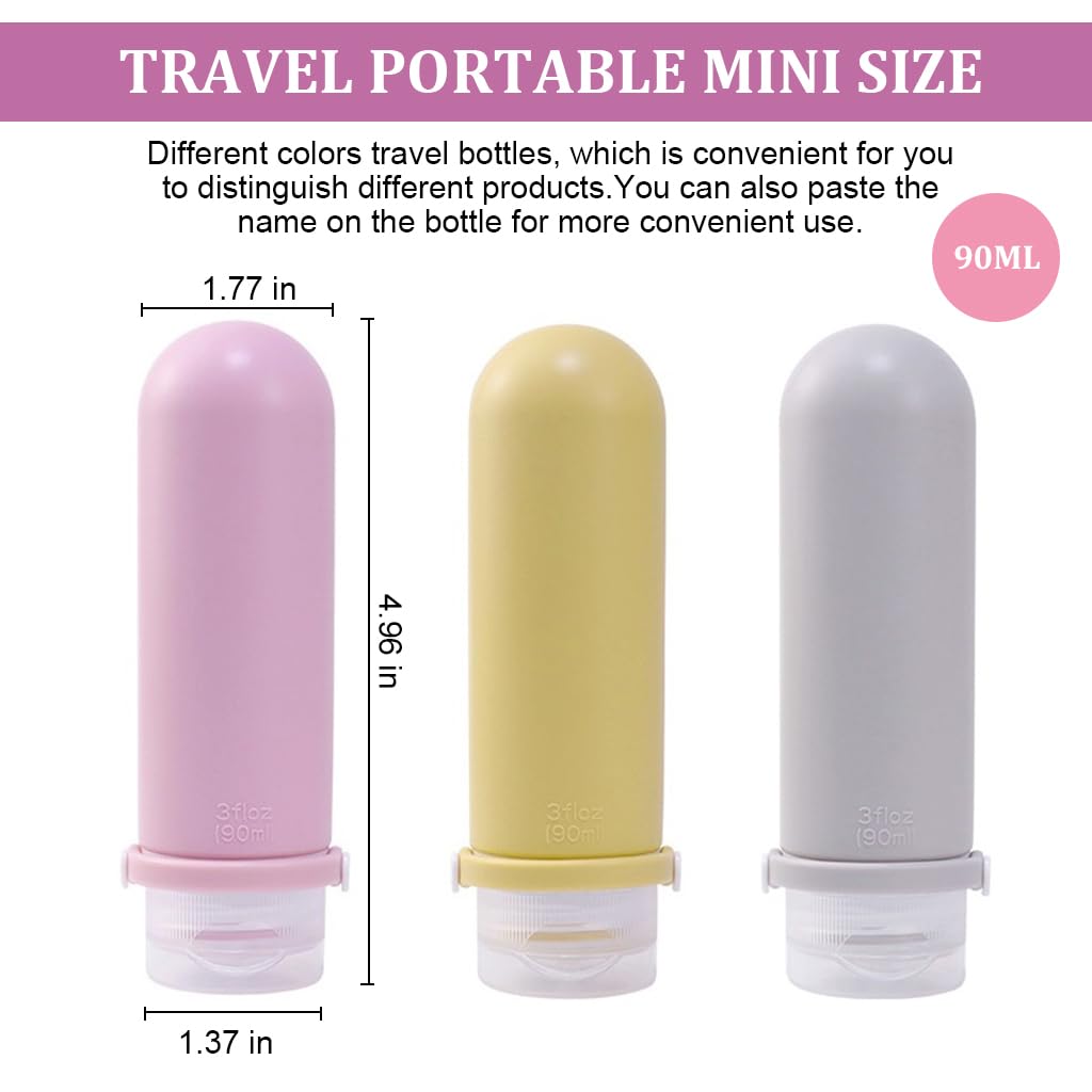MAYCREATE 3pcs Silicone Travel Bottles for Toiletries, 90ml Travel Toiletry Bottles, Soft Squeeze Travel Toiletries Bottle with Leakproof Lid, Refillable Lotion Dispenser Shampoo Bottle Kit