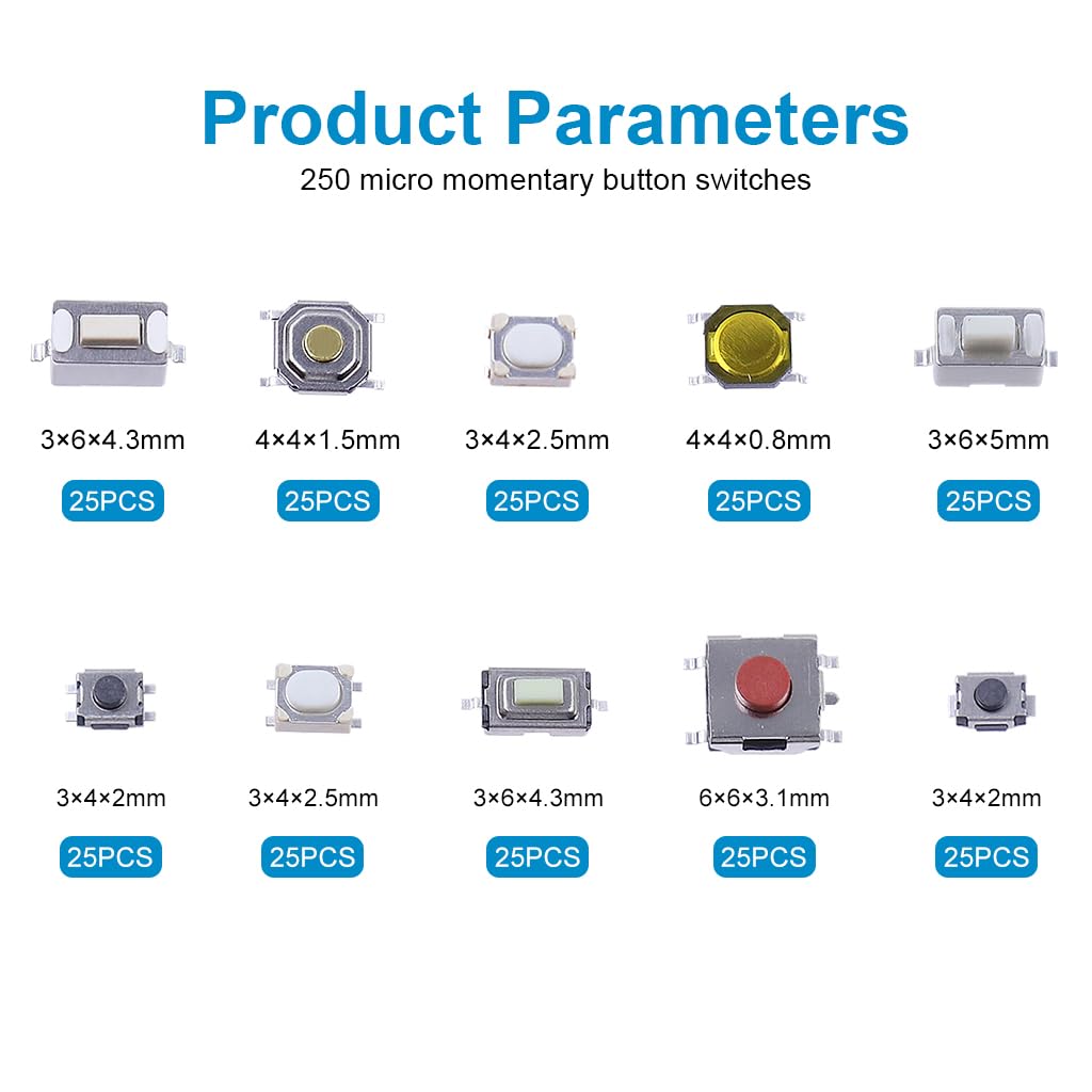 Serplex 250pcs Push Button Switches Push Button Switch On Off Replacement Remote Control Button Replacements for Repairing with 10 Designs Micro Push Button Replacements with Box