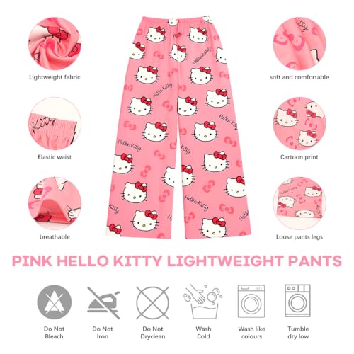 SANNIDHI® Pyjama Pants for Women Cartoon Kawaii Kitty Print Ultra-Soft Cotton Lounge Comfy Casual Pajama Bottoms with Elastic Waistband Sleepwear M Pink 3PCS
