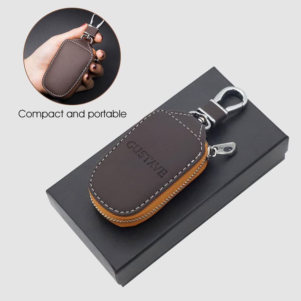 GUSTAVE Car Key Case, Smart Car Key Cover Protection PU Leather Car Key Chain Bag Car Smart Keychain Coin Holder Auto Remote Keyring Wallet (Brown)